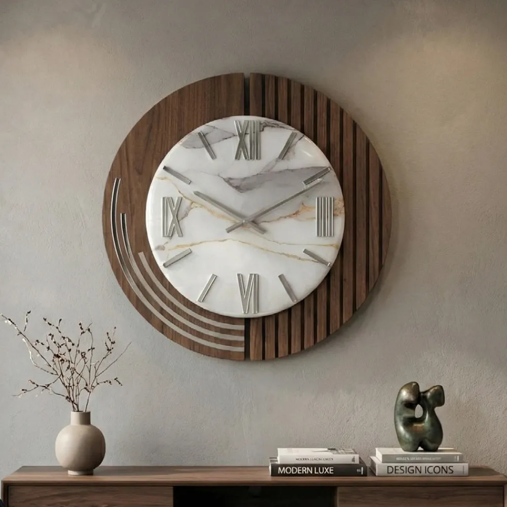 Orologi Da Parete Moderni-Selezionato da Mazzolaluce Orologio da parete design moderno resina effetto marmorizzato foglia argento 50cm