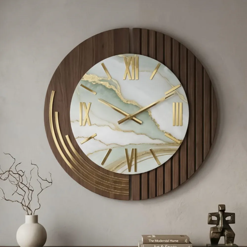 Orologi Da Parete Moderni-Selezionato da Mazzolaluce Orologio da parete elegante rotondo effetto marmo dettagli foglia oro