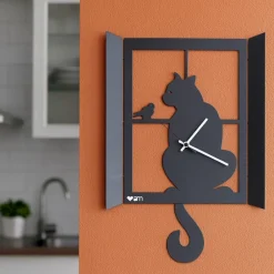 Orologi Da Parete Moderni-Selezionato da Mazzolaluce Orologio da parete gatto alla finestra nero con pendolo