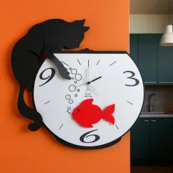 Orologi Da Parete Moderni-Selezionato da Mazzolaluce Orologio da parete gatto con pesce rosso nero moderno