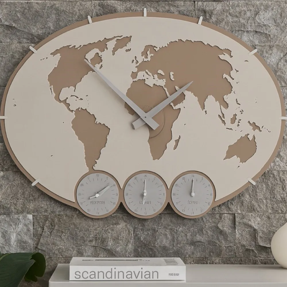 Orologi Da Parete Moderni-Selezionato da Mazzolaluce Orologio da parete greenwich planisfero fusi orari legno colore lino