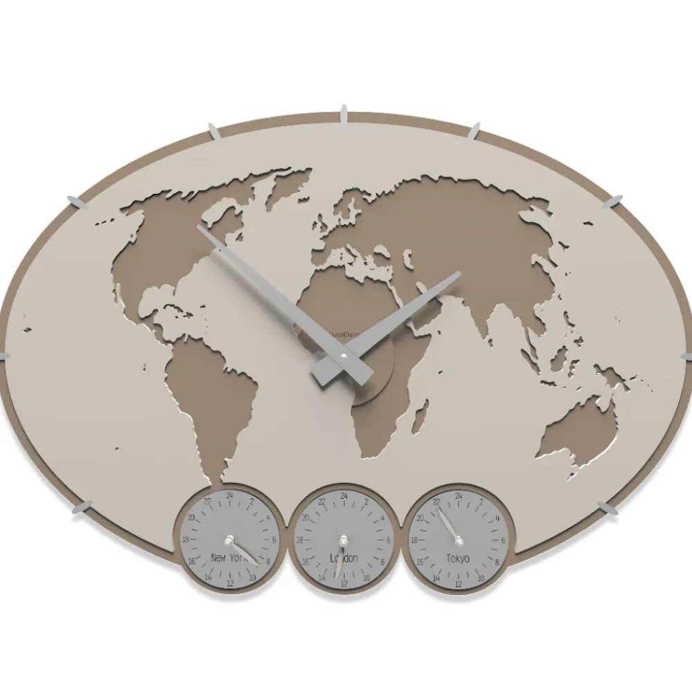 Orologi Da Parete Moderni-Selezionato da Mazzolaluce Orologio da parete greenwich planisfero fusi orari legno colore lino