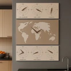 Orologi Da Parete Moderni-Selezionato da Mazzolaluce Orologio da parete planisfero cartina geofrafica mondo legno caffelatte