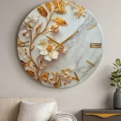 Orologi Da Parete Moderni-Selezionato da Mazzolaluce Orologio in resina moderno per parete 60cm fiore foglia oro cristalli