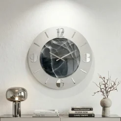 Orologi Da Parete Moderni-Selezionato da Mazzolaluce Orologio moderno a parete effetto marmorizzato grigio foglia argento