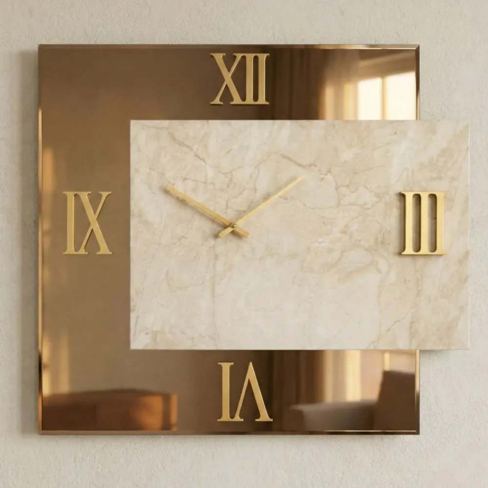 Orologi Da Parete Moderni-Selezionato da Mazzolaluce Orologio quadrato da muro design specchio bronzo e marmo laminato 80x90cm