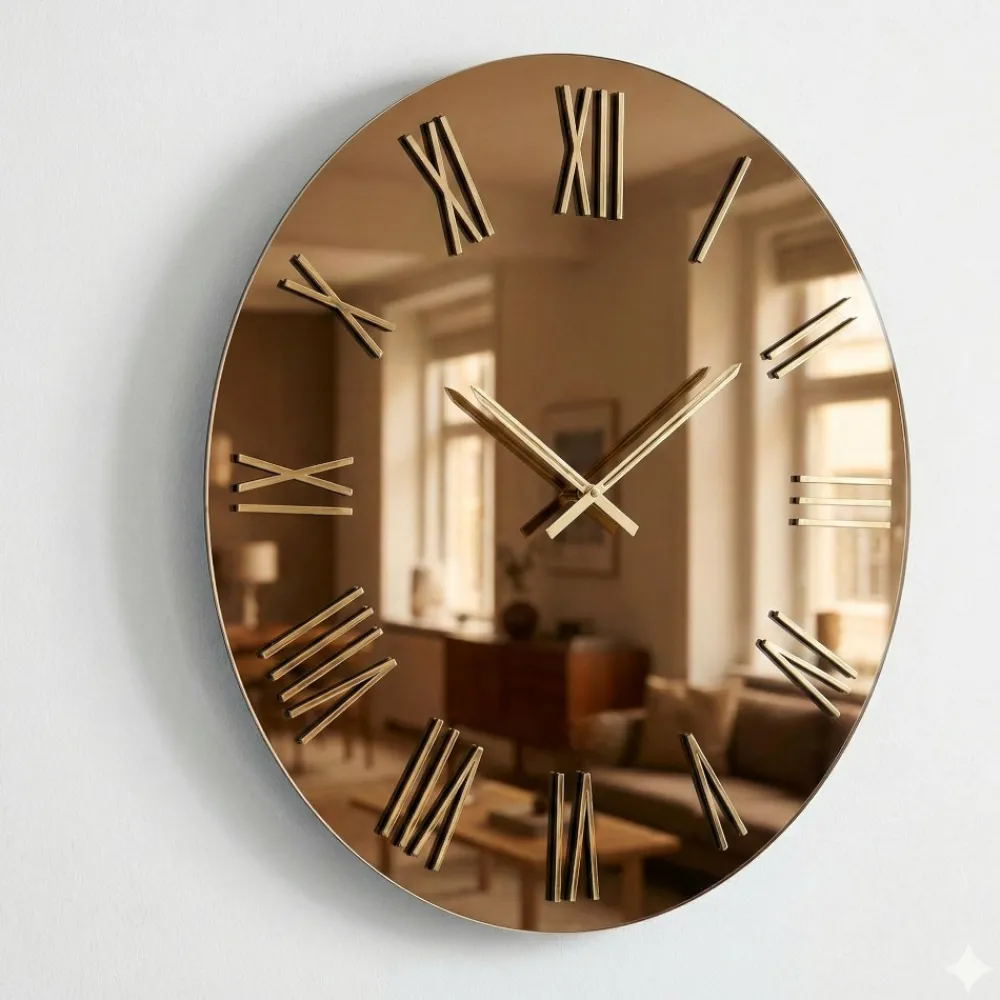 Orologi Da Parete Moderni-Selezionato da Mazzolaluce Orologio rotondo moderno a parete specchio bronzo numeri foglia oro