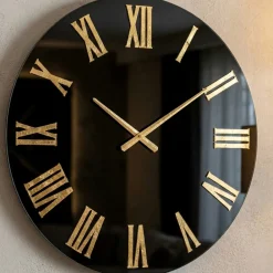 Orologi Da Parete Moderni-Selezionato da Mazzolaluce Orologio rotondo moderno nero effetto specchio numeri romani foglia oro