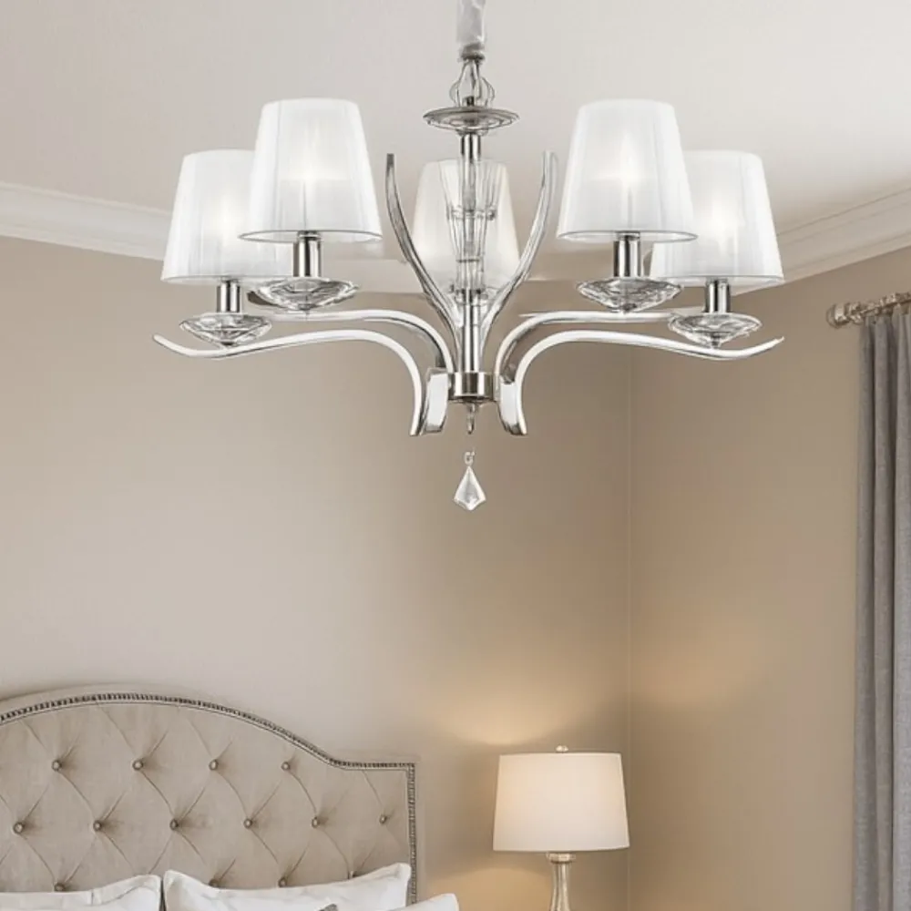 Lampadario Camera Da Letto-Ideal Lux Pegaso sp5 lampadario 5 luci cromo paralumi organza stanza da letto