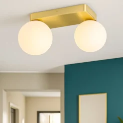 Plafoniere Moderne-Ideal Lux Penta pl2 plafoniera moderna oro spazolato sfere vetro bianco