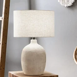 Lampade Da Tavolo-Perenz Illuminazione Perenz tribale lampada da tavolo ceramica bianca paralume beige