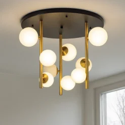 Plafoniere Moderne-Ideal Lux Perlage pl9 plafoniera 9 luc sfere vetro bianco