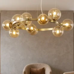 Lampadari Moderni-Ideal Lux Perlage sp11 lampadario oro sfere vetro ambra per soggiorno