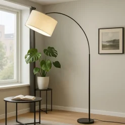 Lampade Da Terra-Selezionato da Mazzolaluce Piantana ad arco nera con paralume di lino beige