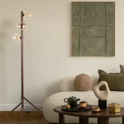 Lampade Da Terra-Selezionato da Mazzolaluce Piantana di legno noce con sfere di vetro bianco per soggiorno stile nordico