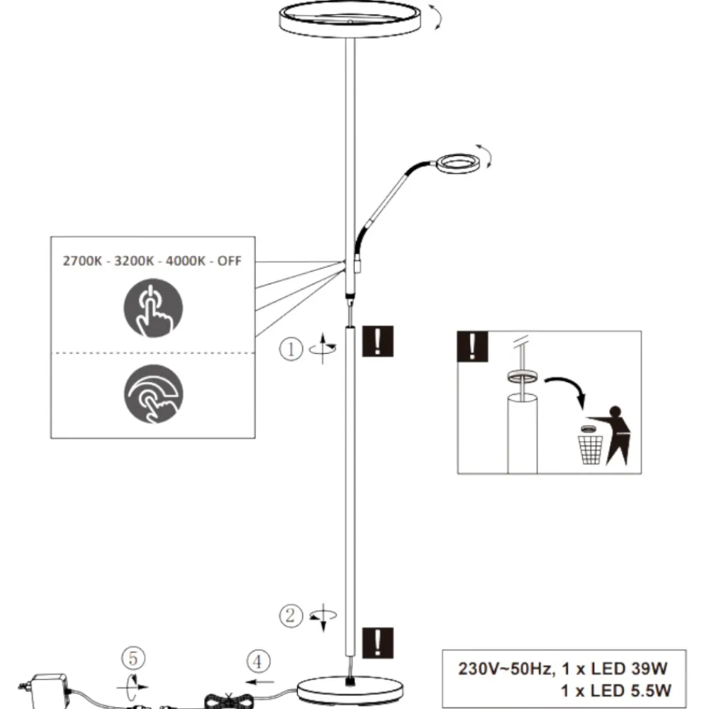 Lampade Da Terra-Selezionato da Mazzolaluce Piantana led 2700k-3200k-4000k nickel moderna doppia luce per ufficio
