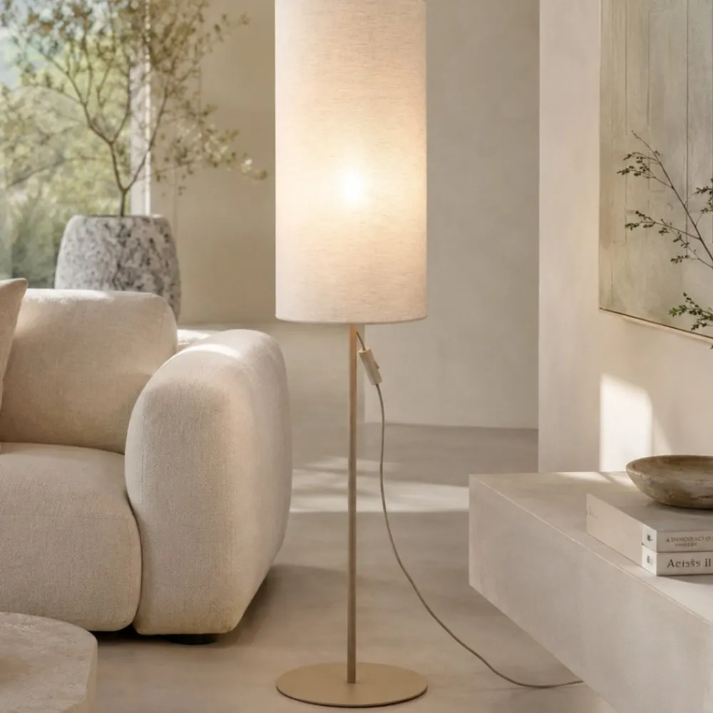 Lampade Da Terra-Selezionato da Mazzolaluce Piantana marrone con paralume cilindro lungo lino scuro