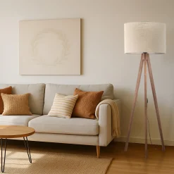 Lampade Da Terra-Selezionato da Mazzolaluce Piantana scandinava tre piedi di legno noce paralume lino beige