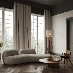 Lampade Da Terra-Selezionato da Mazzolaluce Piantana scandinava tre piedi di legno noce paralume lino beige