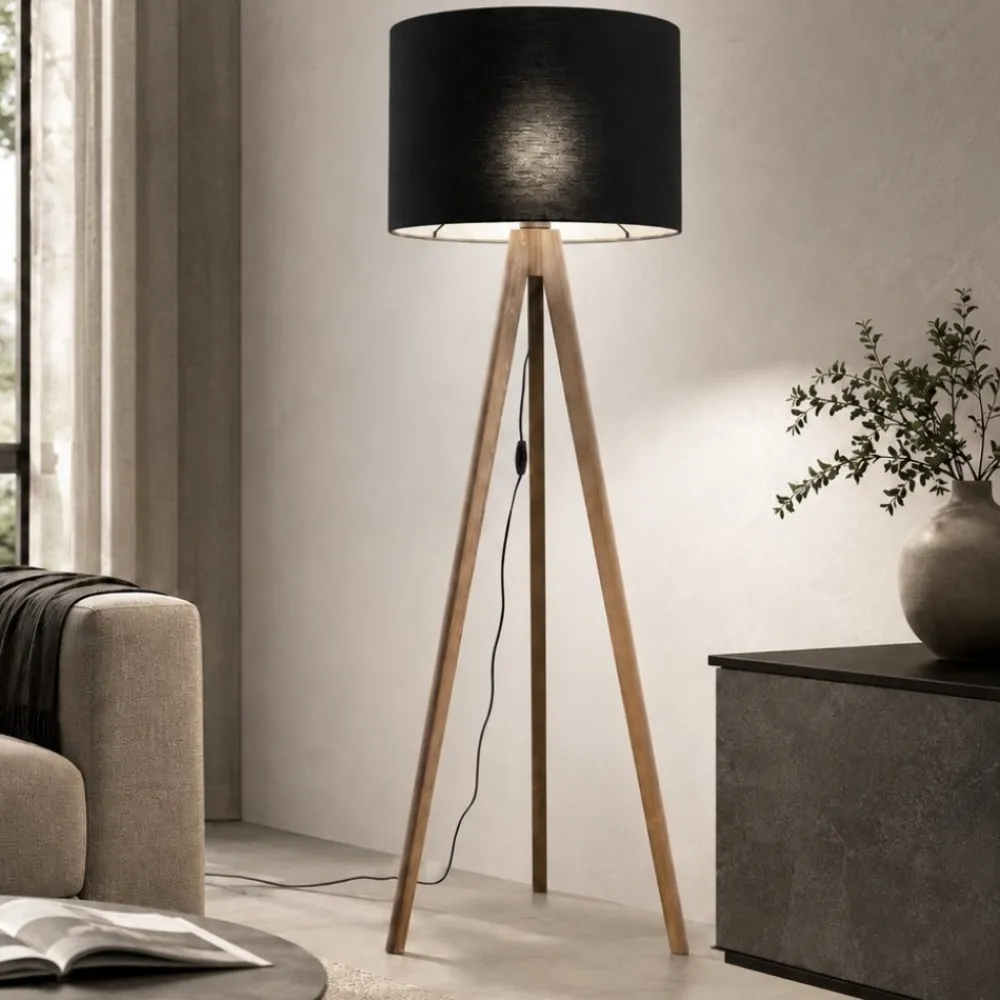 Lampade Da Terra-Selezionato da Mazzolaluce Piantana tre piedi di legno noce paralume lino nero