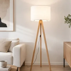 Lampade Da Terra-Selezionato da Mazzolaluce Piantana tre piedi in legno pino scandinavo con paralume lino