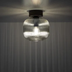 Plafoniere Moderne-Selezionato da Mazzolaluce Piccola plafoniera da soffitto sfera di vetro rigato cognac trasparente