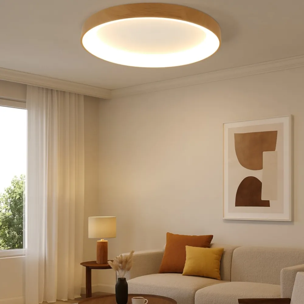 Plafoniere Moderne-Selezionato da Mazzolaluce Plafoniera anello effetto legno 90cm led 2700k a 5000k con telecomando