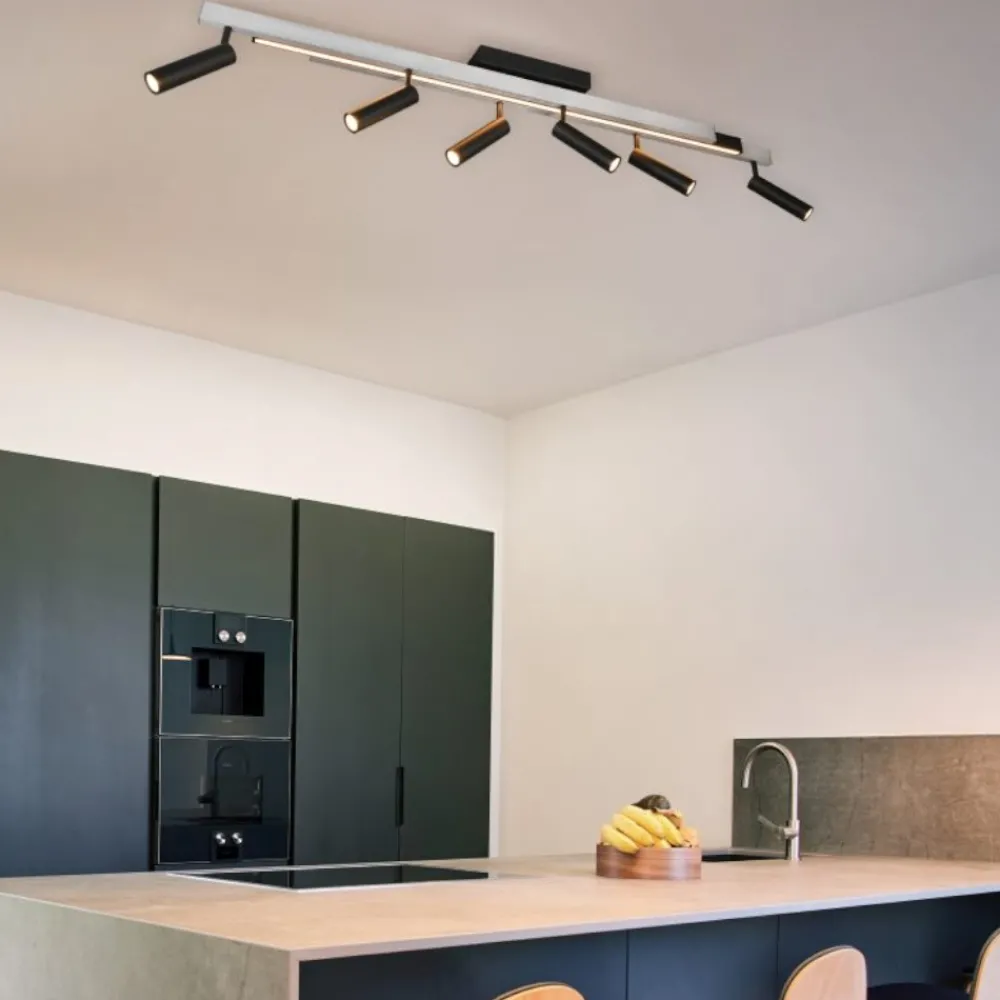 Plafoniere Moderne-Selezionato da Mazzolaluce Plafoniera con faretti allungabile alluminio nero led 2700k a 6500k con telecomando