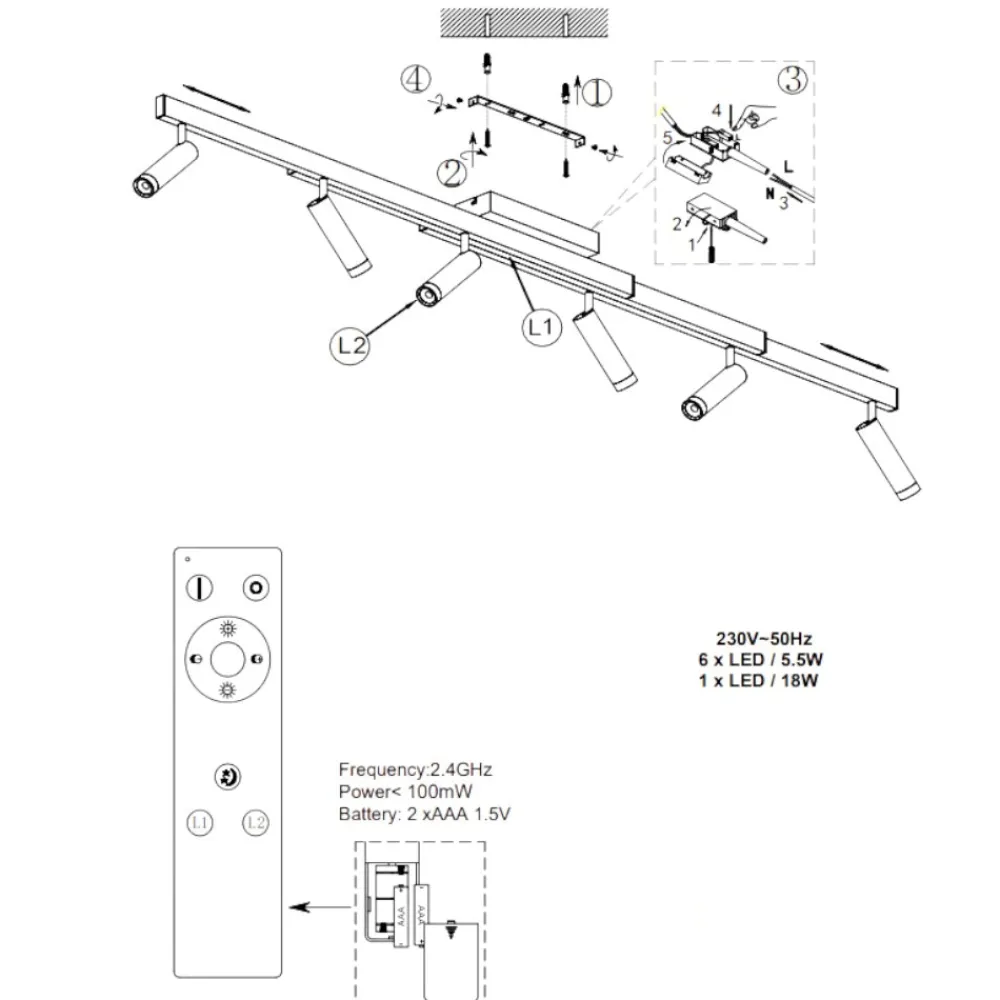 Plafoniere Moderne-Selezionato da Mazzolaluce Plafoniera con faretti allungabile alluminio nero led 2700k a 6500k con telecomando