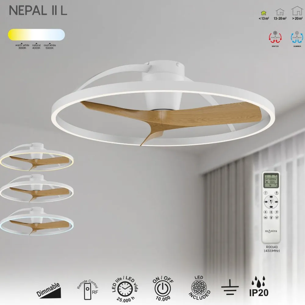 Ventilatori Da Soffitto-Selezionato da Mazzolaluce Plafoniera con ventilatore led cct bianco pale legno 13mq con telecomando