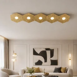 Plafoniere Moderne-Top Light Plafoniera da cucina moderna hexagon 5 luci foglia oro rettangolare