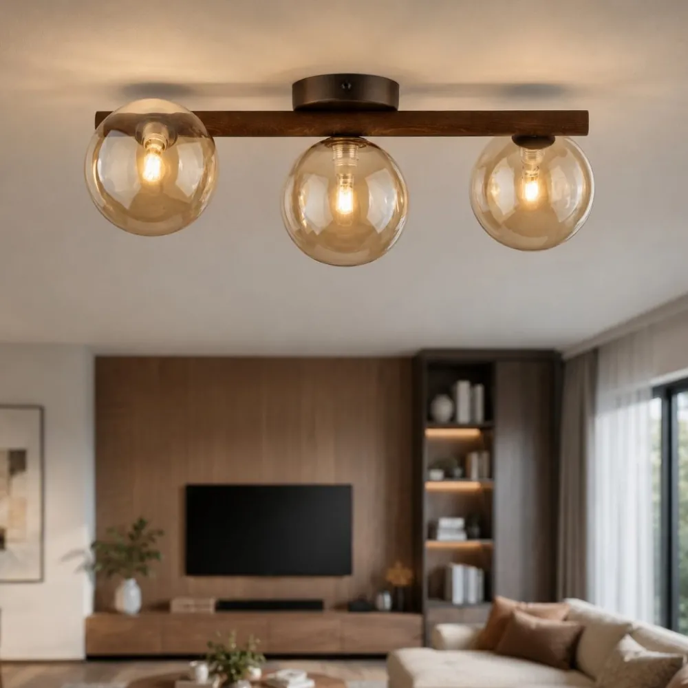 Plafoniere Moderne-Selezionato da Mazzolaluce Plafoniera da soffitto in legno stile nordico sfere di vetro ambra per cucina