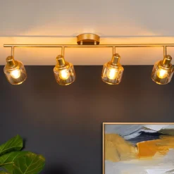 Plafoniere Moderne-Selezionato da Mazzolaluce Plafoniera da soffitto oro con 4 faretti vetri ambra orientabili