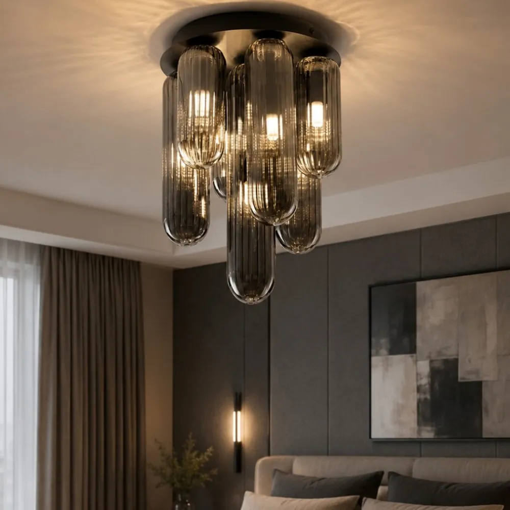 Plafoniere Moderne-Selezionato da Mazzolaluce Plafoniera design moderna capsule in vetro fume per soggiorno