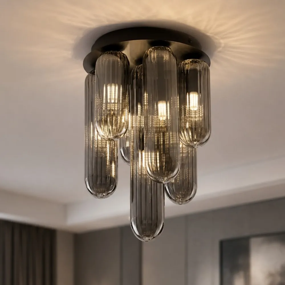 Plafoniere Moderne-Selezionato da Mazzolaluce Plafoniera design moderna capsule in vetro fume per soggiorno