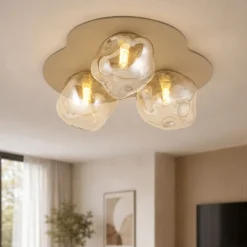 Plafoniere Moderne-Selezionato da Mazzolaluce Plafoniera design moderna con 3 sfere in vetro cognac plasmato