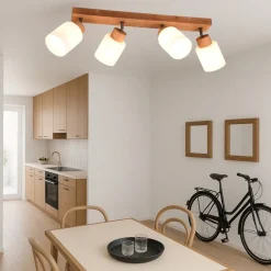 Plafoniere Moderne|Strisce Led-Selezionato da Mazzolaluce Plafoniera di legno con faretti paralumi di vetro orientabili