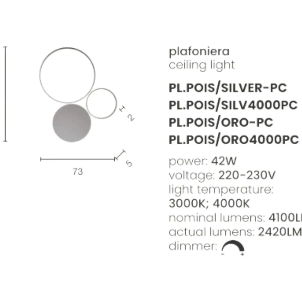 Plafoniere Moderne-Ondaluce Plafoniera led 3000k pl pois silver pc design
