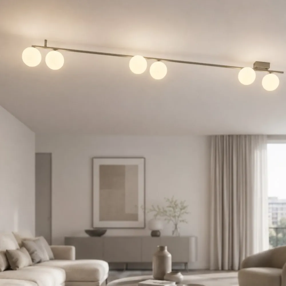 Plafoniere Moderne-Selezionato da Mazzolaluce Plafoniera lunga 200 cm verde oliva con sfere di vetro per soggiorno moderno