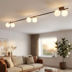 Plafoniere Moderne-Selezionato da Mazzolaluce Plafoniera marrone lunga 200 cm moderna con sfere in vetro per soggiorno