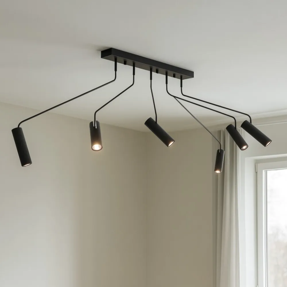 Plafoniere Moderne-Selezionato da Mazzolaluce Plafoniera moderna nera con 6 faretti orientabili per soggiorno