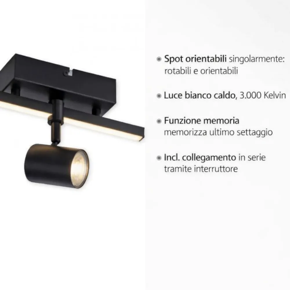 Plafoniere Moderne-Selezionato da Mazzolaluce Plafoniera nera con faretto orientabile doppia luce led 3000k