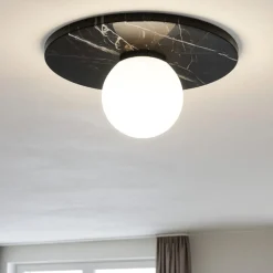 Plafoniere Moderne-Selezionato da Mazzolaluce Plafoniera per camera da letto marmo nero sfera vetro bianco