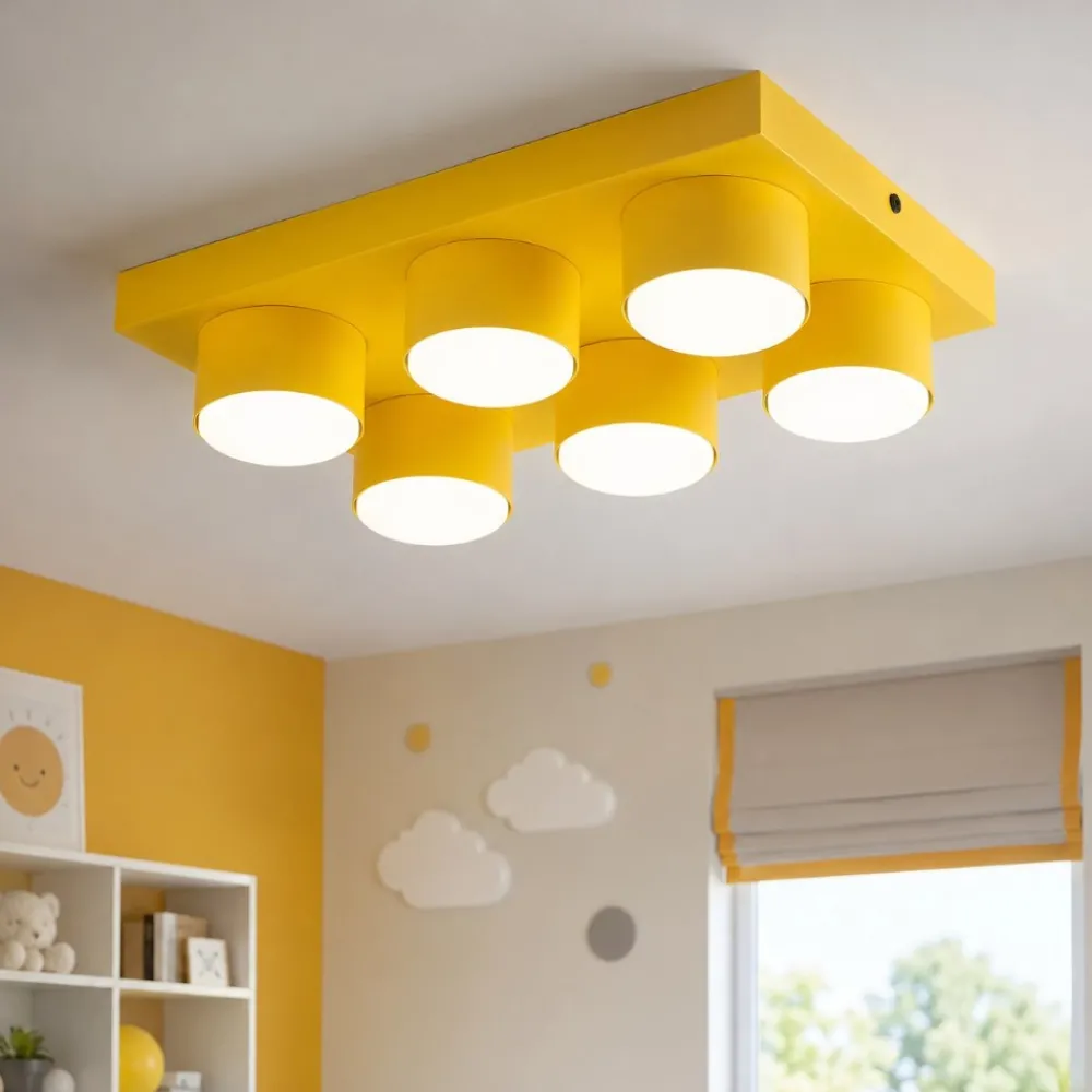 Plafoniere Moderne-Selezionato da Mazzolaluce Plafoniera per cameretta bambini mattoncino giallo 6 luci moderna