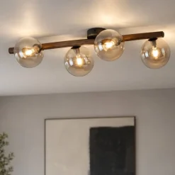 Plafoniere Moderne-Selezionato da Mazzolaluce Plafoniera per cucina in legno noce sfere di vetro ambra stile nordico