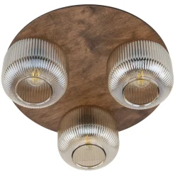 Plafoniere Moderne-Selezionato da Mazzolaluce Plafoniera per sala da pranzo in legno tonda con sfere di vetro rigato cognac