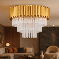 Plafoniere Moderne-Selezionato da Mazzolaluce Plafoniera per salotto stile contemporaneo oro con cristalli 50cm