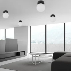 Plafoniere Moderne-Selezionato da Mazzolaluce Plafoniera piccola nera sfera di vetro bianco da soffitto