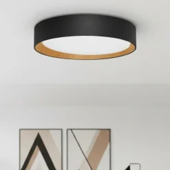 Plafoniere Moderne-Selezionato da Mazzolaluce Plafoniera tonda in metallo e legno nera led 3000k dimmerabile 35cm