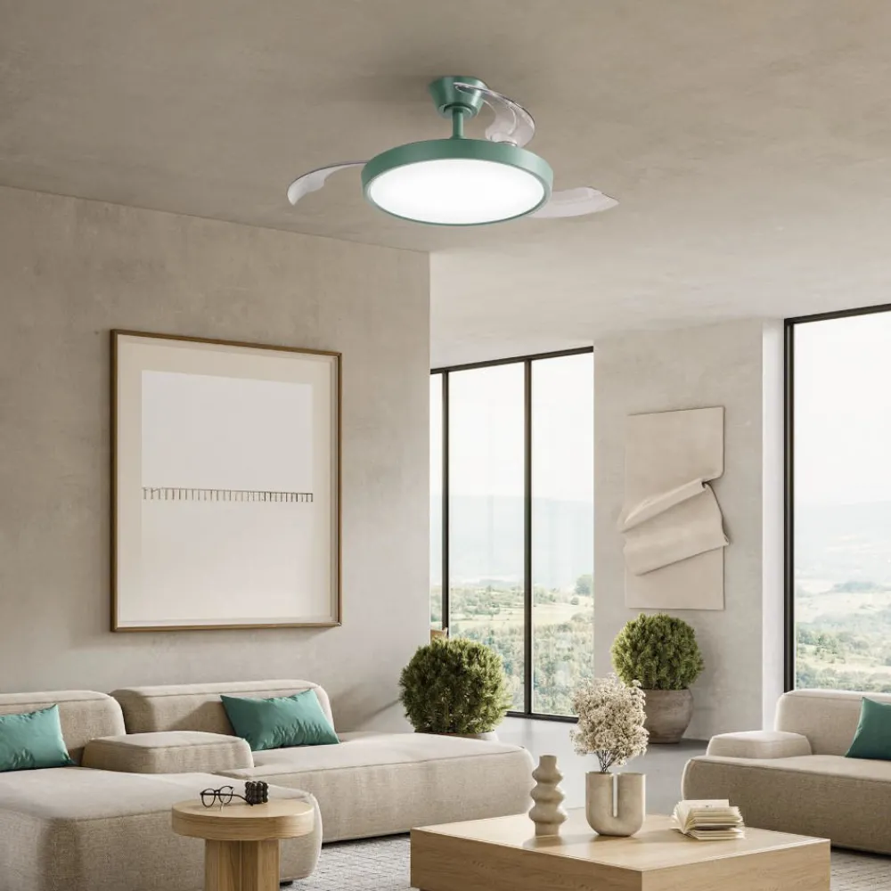 Ventilatori Da Soffitto-Selezionato da Mazzolaluce Plafoniera ventilatore con luce con telecomando verde petrolio pale retrattili 20mq